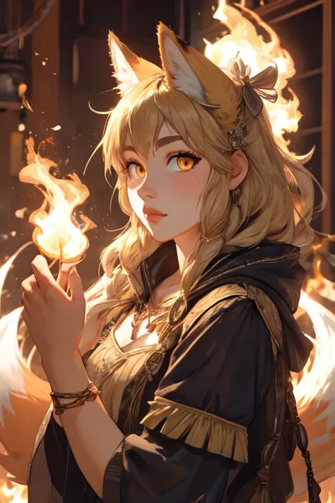 Create an image of a humanoid female fox with golden and white fur. She has golden eyes and five tails with flaming tips.