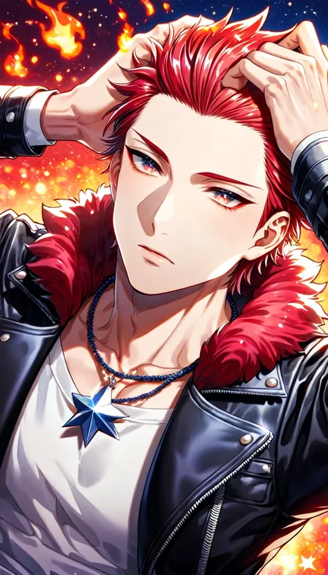 (absurdres, highres, ultra detailed, HDR) master piece, best quality, delicated features, Suoh Mikoto, red hair, hair is kept short, ruffled, slicked back and spiked, with two strands of hair near the opposite sides of his head falling over his face, expre...