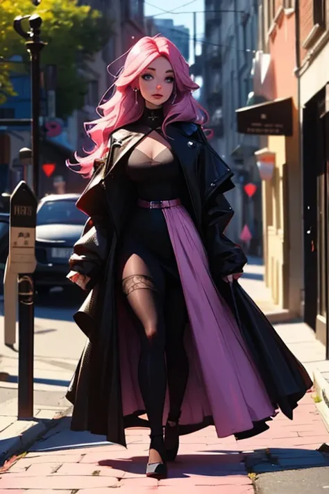 A pink haired woman with violet eyes an hourglass figure in a gothic nightgown is walking with a black dog