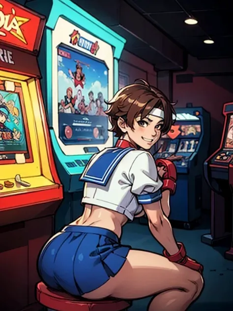 sakura kasugano, Brown eyes, short brown hair, diadema blanca, Cuello marinero, , mangas cortas, ombligo, falda azul, guantes rojos,  looking back at the viewer, grave, sonrisa, session,de_behind,  adentro, arcade, gabinete arcade, neon lighting, Alta cali...