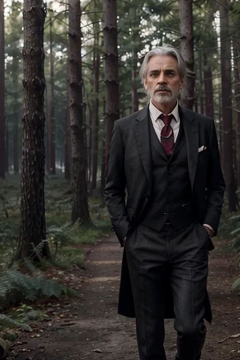 Macon Ravenwood, Jeremy Irons, Teen Wolf, 95 years old, short, messy, platinum white gray hair, green eyes, elegant black jacket, white shirt, red tie, elegant red dress with black rose print, black dress shoes, fox pendant , black fox print. Forest backgr...