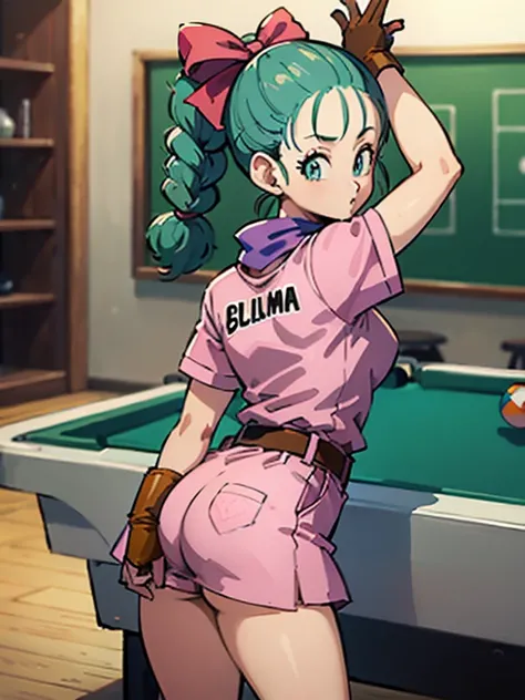 masterpiece, best quality, high resolution, dragon ball, blmpony, aqua hair, hair ribbon, braided ponytail, pink shirt, belt, scarf, pink skirt, clothes writing, brown gloves, medium breasts, in back pose, playing pool table, leaning on the pool table with...