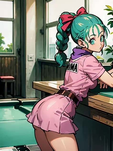 masterpiece, best quality, high resolution, dragon ball, blmpony, aqua hair, hair ribbon, braided ponytail, pink shirt, belt, scarf, pink skirt, clothes writing, brown gloves, medium breasts, in back pose, playing pool table, leaning on the pool table with...