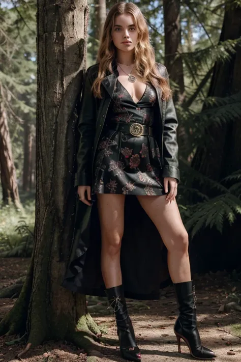 Emily Asher, Zoey Deutch, Teen Wolf, 20 years old, long blonde hair, messy, green eyes, elegant red dresses with belt, black jacket, with black rose print, black heels, fox pendant, black fox print. Forest background aura around black color.