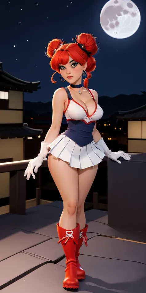 (masterpiece, best quality, ultra detailed, absurdness)1.5, 1girl, (sexy, beautiful woman, perfect face, perfect eyes, perfect female body, huge breasts)1.5, (usagi, double bun, twin tails, parted bangs, circlet, jewelry, earrings, choker, red bow, white g...