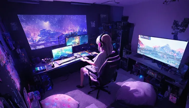 JJROOM, scenery, 1girl, alone in her room, sitting on a gaming chair, facing away from the camera, playing games on her desktop, wearing headphones, gamer room, guitar on the side stand, dark room with rgb lighting, half made bed, wrinkled bedsheets, falle...