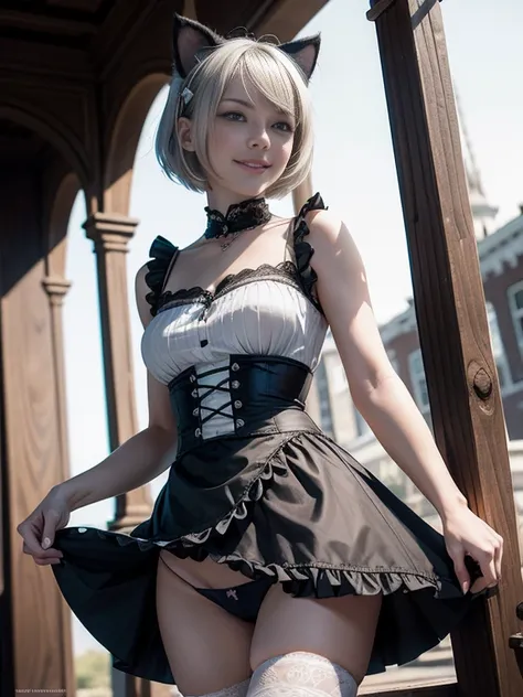 8K,Masterpiece,One woman,Smile,30 years old,blue eyes,Silver Ash Hair,Short Bob Hair,Dutch beauty,Ella Freya（Ella Freya),Gothic Lolita,White skin,Slender figure,Small breasts,Dynamic Angle,skirt lift,Panty Shot,Cat ear,