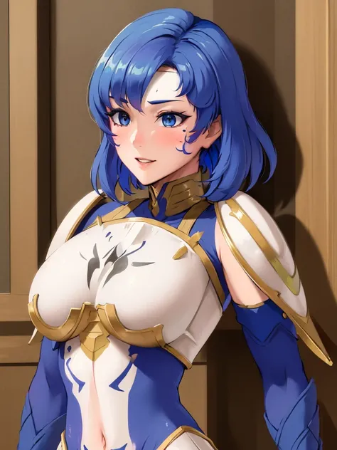 (masterpiece:1.3),ultra-detailed, best quality, extremely detailed, 8k, high res, realistic, 1girl, 18yo, beautiful girl,BREAK,(Armor:1.7),(One big breasted girl,Blue hair and blue eyes:1.5),BREAK,(Armor-like body paint,body painting:1.5), embarrassed smil...