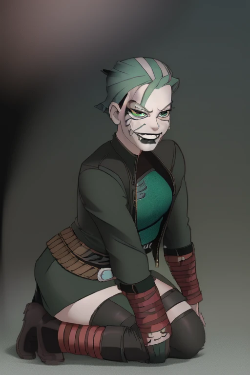 (leather jacket) (corset) (military belts) (warrior) (cocky smile) (tribal tattoos) (green and blue hair) (x-men rogue) (star tr...