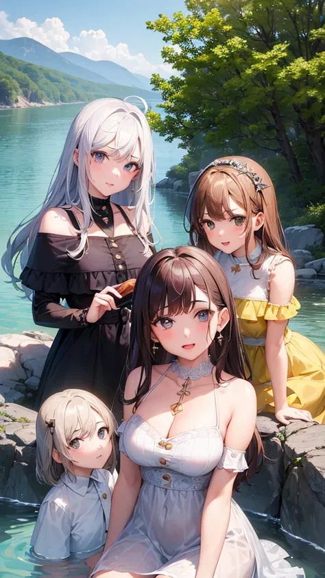 ((highest quality)), ((masterpiece)),(noble), (cute baby girl), (3 girls:1.8), cute three girls are posing for a camera outdoors...