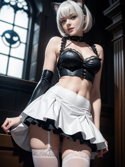 8K,Masterpiece,One woman,Smile,30 years old,blue eyes,White Hair,Short Bob Hair,Dutch beauty,Ella Freya（Ella Freya),Gothic Lolita,White skin,Slender figure,Small breasts,Dynamic Angle,skirt lift,Panty Shot,Cat ear,Dynamic Pose