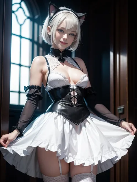 8K,Masterpiece,One woman,Smile,30 years old,blue eyes,White Hair,Short Bob Hair,Dutch beauty,Ella Freya（Ella Freya),Gothic Lolita,White skin,Slender figure,Small breasts,Dynamic Angle,skirt lift,Panty Shot,Cat ear,Dynamic Pose