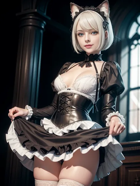 8K,Masterpiece,One woman,Smile,30 years old,blue eyes,White Hair,Short Bob Hair,Dutch beauty,Ella Freya（Ella Freya),Gothic Lolita,White skin,Slender figure,Small breasts,Dynamic Angle,skirt lift,Panty Shot,Cat ear,Dynamic Pose