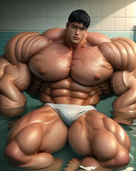 1 asian boy, handsome, giant, buzz black haircut, model shoot style, looking at camera, standing, relaxing pose, sitting in the water bathtub, strong body, bulk, crotch, naked, wear white swimwear underpants, bulge, big, brutalmass, giant, muscular body, b...