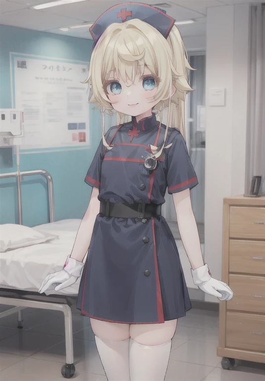 1 girl in, nurse, nurse cap, White tableware, white stockings, White gloves, blonde hair, Blue eyes, pink lipsticks, smile, standing, hospital, sharp outline, Zettai Ryoiki, short sleeves, Best quality, table
