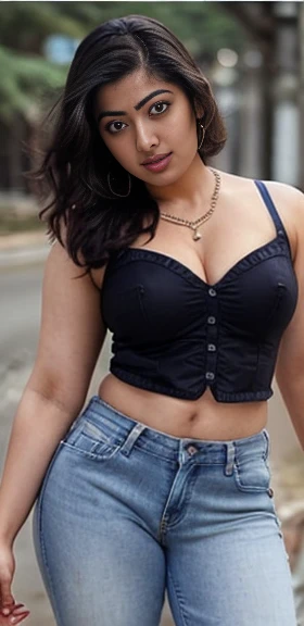 Naked close up full body photo of naked pranitha, curvy, hourglass figure, swooping breasts, deep cleavage, seductive eyes, look at viewer, seducing on road, necklace, no bra, visible nipples, Naked with full jeans, lips, full jeans, remove bra, sultry, po...