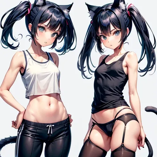 Dark blue hair girl, Cat ears and tail, Wearing a tank top and racing pants.　Loli body type　　Twin tails　Female genitalia is visible　　Detailed depiction of female genitalia　Flat Chest　Stern expression　With legs apart