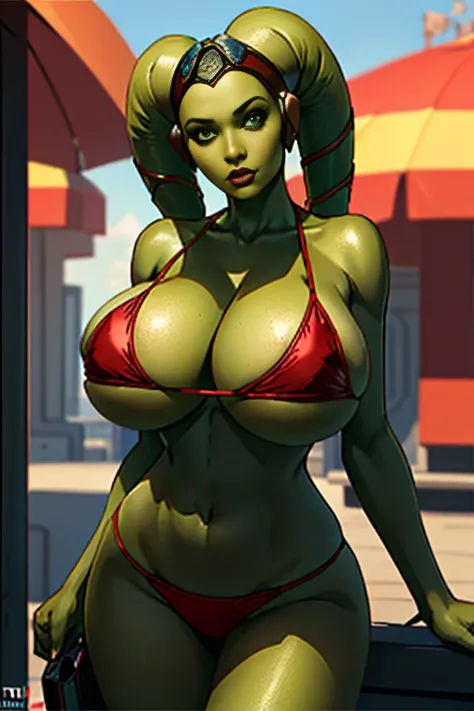 1girl, huge  Twilek, busty, masterpiece, best quality, highly detailed, award winning, high definition, ((green skin), twilek), ((red bikini))), panties), ((busty), slender body, thin, slim sexy body, slim waist, (((huge boobs, huge breasts)))), Imperial s...