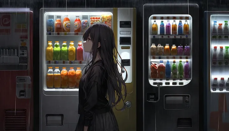 A girl standing in front of a vending machine at midnight. The environment is dark and rainy, with the vending machine and a nearby street light providing the only sources of illumination. The light from the vending machine and the street light illuminates...