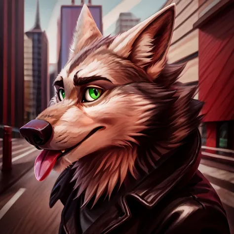 Vortex hellhound, wolf, furry, helluva boss, wearing a (leather jacket), solo, wolf, white fur, tongue out, completely glowing green eyes with no irises or pupils, BREAK, city background, (intricate, high detail, film photography, soft focus, RAW candid ci...