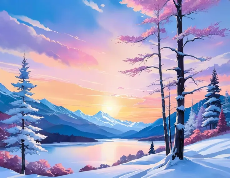 create a winter landscape painting with a serene atmosphere, using a palette of light pink, muted blue, dark grayish blue, brigh...