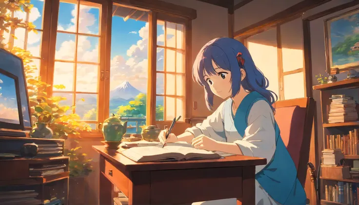 Japanese anime style。Beautiful Japanese girl studying while listening to music in her room。Blue sky outside the window。Warm lighting。