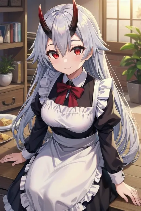 masterpiece, best quality, tomoe gozen, torino style, 1person, red eyes, cute smile, hair between eyes, silver hair, oni horns, ...