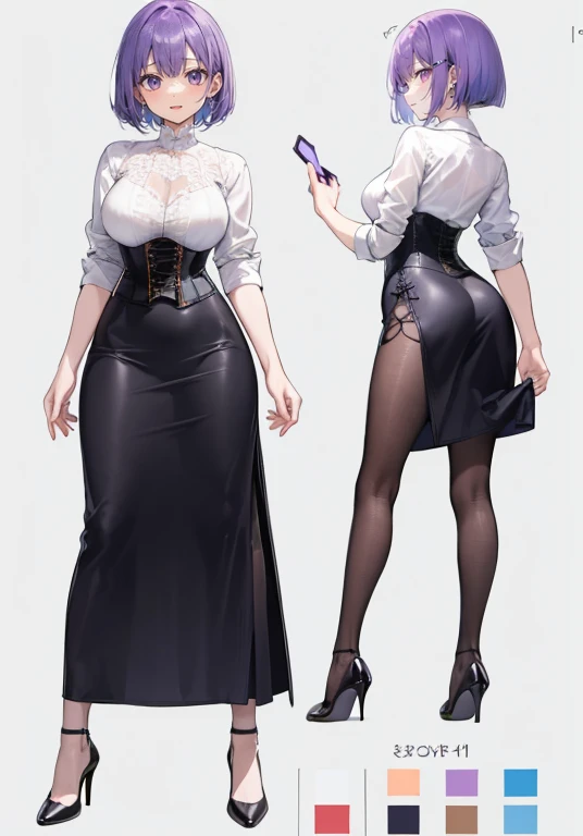 Purple hair, hairs between eyes,crossed bangs, bob cut,Adult female,((Roll up your sleeves)),(Corset),(Tight skirt),(high heels),The heel is visible,((Simple background)),Smile,((Full body)),((whole body)),Character Sheet,