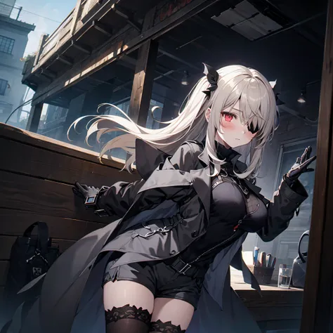 1girl, ashen_blond_hair, long_hair, bangs, eyepatch, red_eyes, two_side_up, hair_over_one_eye, blush, giant_breasts, Black_trench_coat, gauntlets, Black_stockings, grey_shorts, pale skin, 