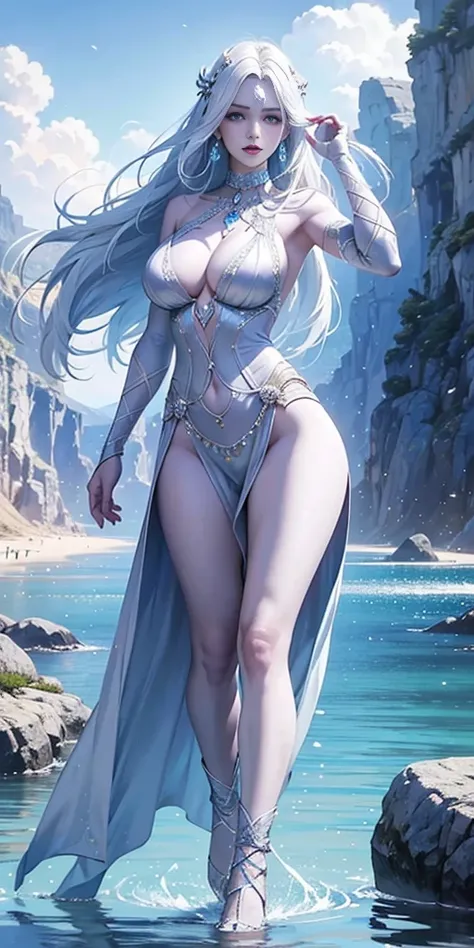 1woman drow purple skin, Greek goddess Aphrodite, white hair, skimpy powder blue gown, on the sea shore, Drawn in the style of Yoshitaka Amano, high res, ultra sharp, 8K, masterpiece