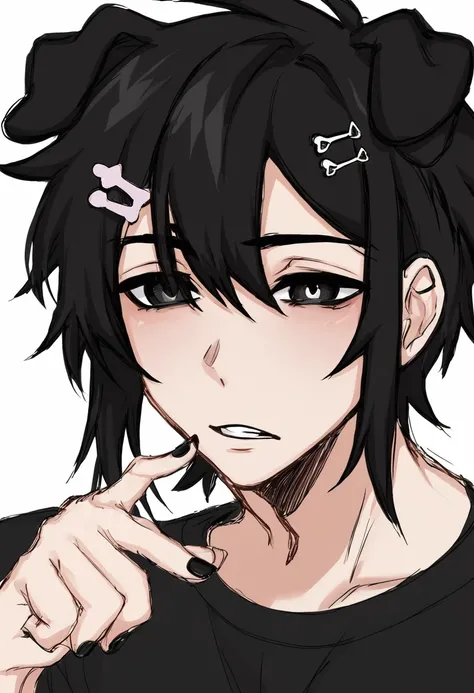 1boy, black hair, black pupils, sketchy lines, grunge, dog ears, hairclips, shirt