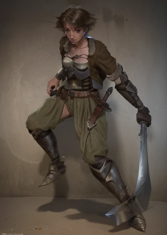 Boyish female adventurer　Holding a sword in a dungeon