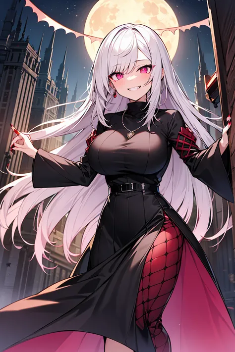  highest quality、4K、masterpiece、Silver Hair、Slanted Eyes、Pink Eyes、Pale skin、vampire、Black long sleeve knit、ruby ​​necklace、Big Breasts、Long skirt、Knee-high boots、sexy、vampireの鋭い牙、Insanity、Cruel smile、attack、Red nails、Bad Smile、Red full moon