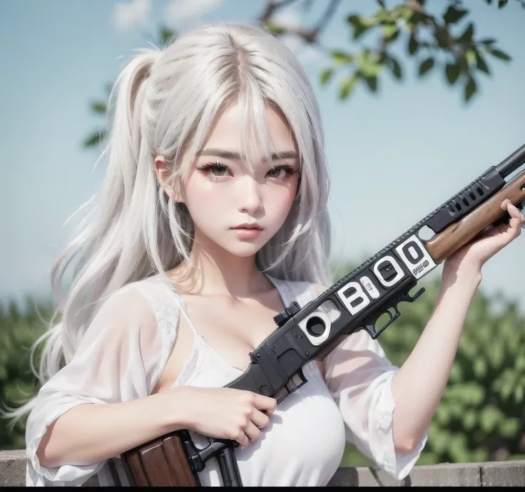 a girl holding a rifle in her hand with the words dialogue written on the rifle, anime character, anime art style, girl with whi...