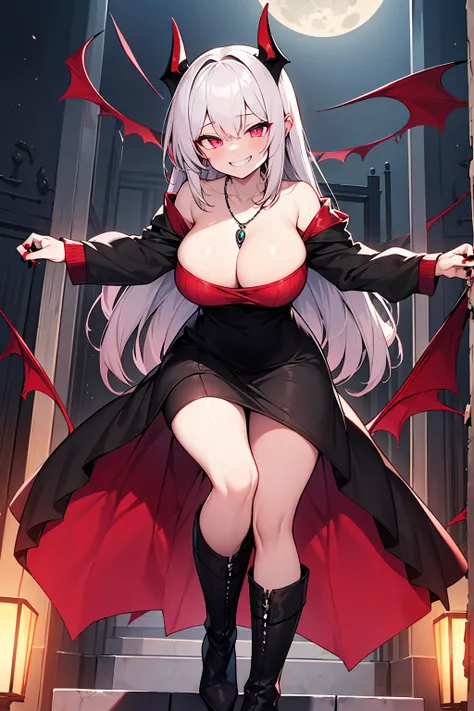  highest quality、4K、masterpiece、Silver Hair、Slanted Eyes、Pink Eyes、Pale skin、vampire、Black long sleeve knit、ruby ​​necklace、Big Breasts、Long skirt、Knee-high boots、sexy、vampireの鋭い牙、Insanity、Cruel smile、attack、Red nails、Bad Smile、Red full moon