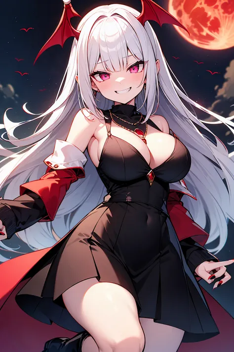  highest quality、4K、masterpiece、Silver Hair、Slanted Eyes、Pink Eyes、Pale skin、vampire、Black long sleeve knit、ruby ​​necklace、Big Breasts、Long skirt、Knee-high boots、sexy、vampireの鋭い牙、Insanity、Cruel smile、attack、Red nails、Bad Smile、Red full moon