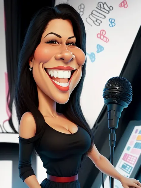 um desenho de uma mulher com um microfone e um sorriso, caricatura illustration, caricatura style, retrato de desenho animado, caricatura!!!, caricatura, caricatura, em estilo cartoon, caricaturista, arte digital dos desenhos animados, cartoon illustration...