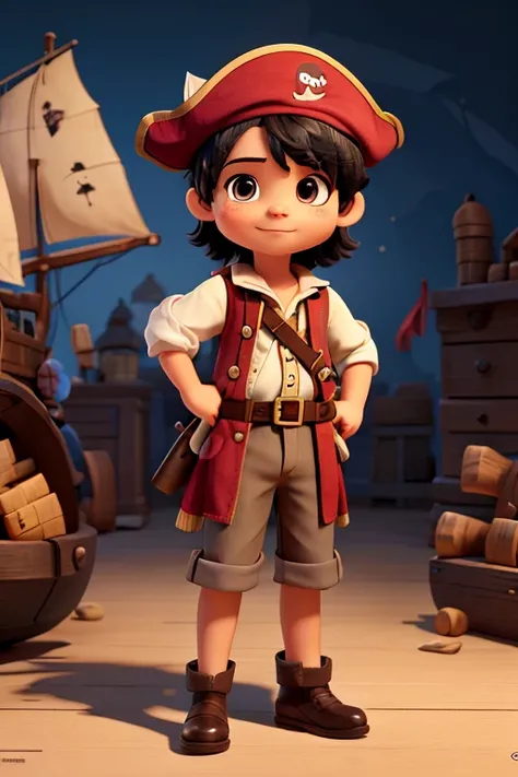 a little pirate, explorer, with various expressions and poses, cute, 7 years old, short black hair, an eye patch, pirate clothes.