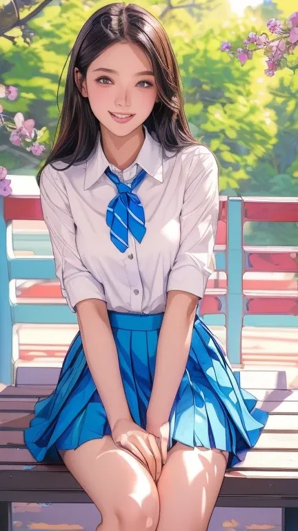 Photo shoot by a professional photographer, UHD, accurate, masterpiece, anatomically correct, textured skin, super detail, high details, high quality, 8k, Alafed asian woman in white shirt and blue skirt sitting on bench, wearing Japanese school uniform, W...