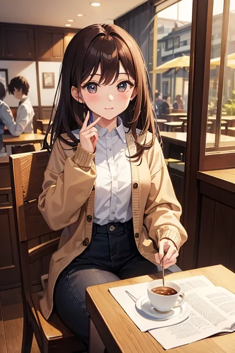 masterpiece, highest quality, High resolution，Anime Style、Brown Hair、long、Put on a cardigan、Cafe