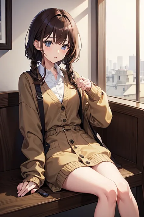 masterpiece, highest quality, High resolution，Anime Style、Brown Hair、long、Put on a cardigan、Cafe