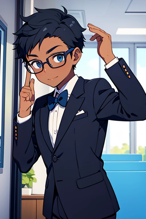 A black boy wearing glasses and wearing a blue suit