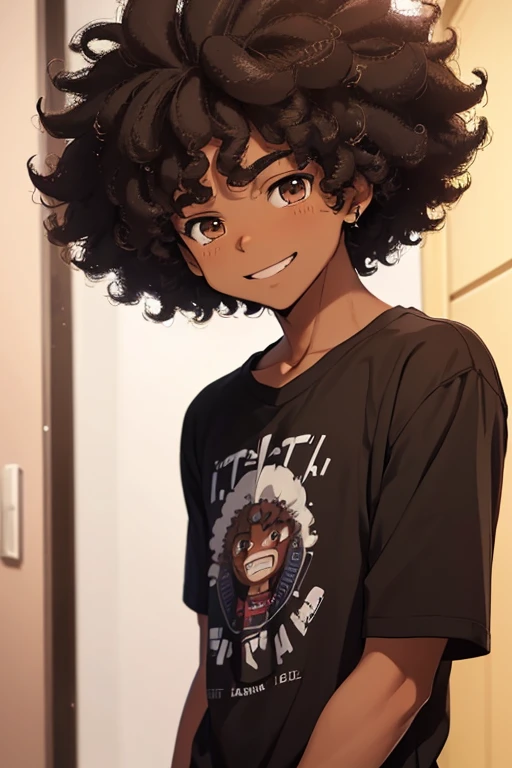 /(Boy),(anime),(man),(Alone),(16 year old teenager),(dark brown skin color),(brown eyes),(Afro Brazilian),(short black curly hair),(height 1.80), (average physical height),(young),(Masochistic and smiling expression)