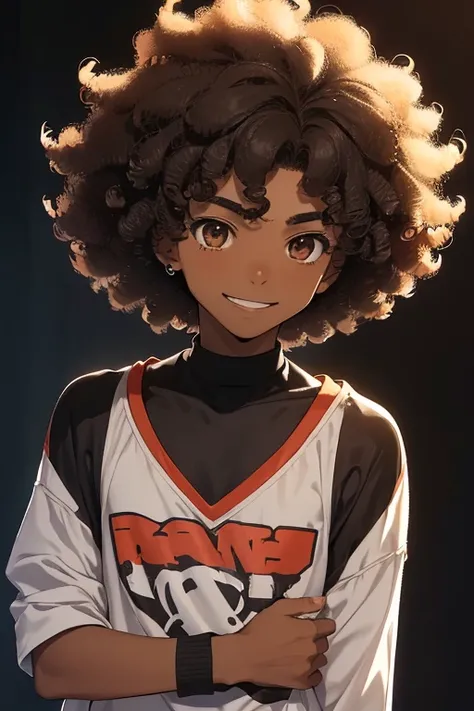 /(Boy),(anime),(man),(Alone),(16 year old teenager),(dark brown skin color),(brown eyes),(Afro Brazilian),(short black curly hair),(height 1.80), (average physical height),(young),(Masochistic and smiling expression)