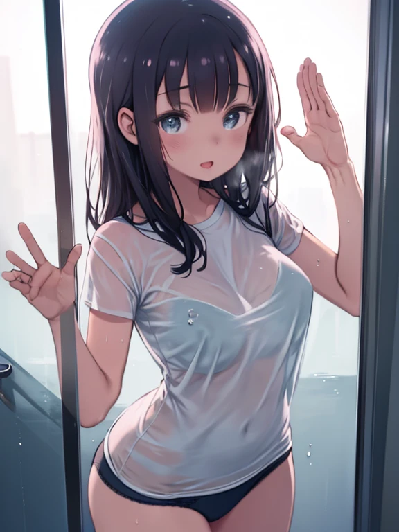 (high quality, High resolution, Fine details), Realistic, (Put your hand on the glass:1.2), (Chest on glass:1.2), Window fogging, Water Drop, (Bathroom), (T-Shirts, panties), alone, Curvy Women, Sparkling eyes, (Fine grain:1.2), smile, Open your mouth, (Ho...