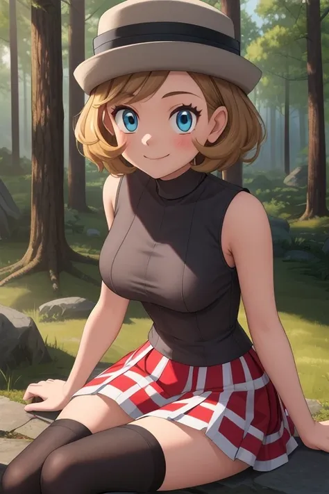 pkmnserena, 1girl, solo, blue eyes, blonde hair, short hair, bangs, hat, grey headwear,
black shirt, turtleneck, sleeveless, red...