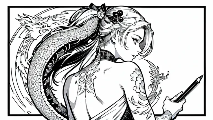 Chinese dragon tattoo on back, (by Yuko Higuchi:1.4)，Higuchi Yuko,(Yōhsien:1.2),(masterpiece,highest quality,Official Art,Beauty and aesthetics:1.2),(Super detailed),In detail,Best illustrations,Hand-painted high quality,(High Contrast),(Clean Lines:1.3),(...