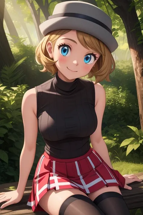 pkmnserena, 1girl, solo, blue eyes, blonde hair, short hair, bangs, hat, grey headwear,
black shirt, turtleneck, sleeveless, red...