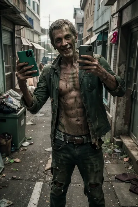 Zombie, male, middle-aged, decay, green skin tone, dirty full-body photo, very tattered clothes, looking at smartphone screen, touching smartphone, dirty skin, dirty hands, taking selfie, full body visible, smiling, jumping for joy, using selfie stick