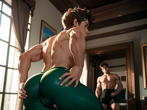 Peter Pan examines the buttocks of a 20-year-old Brazilian boy, wearing tight sweatpants with a protruding convex codpiece. Muscular, with round, firm, perfect buttocks, Aesthetic, erotic, beautiful